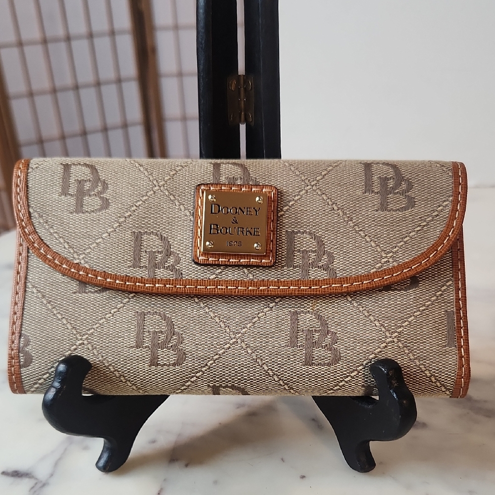 Dooney & Bourke Signature Beige Canvas Wallet with Brown Trim